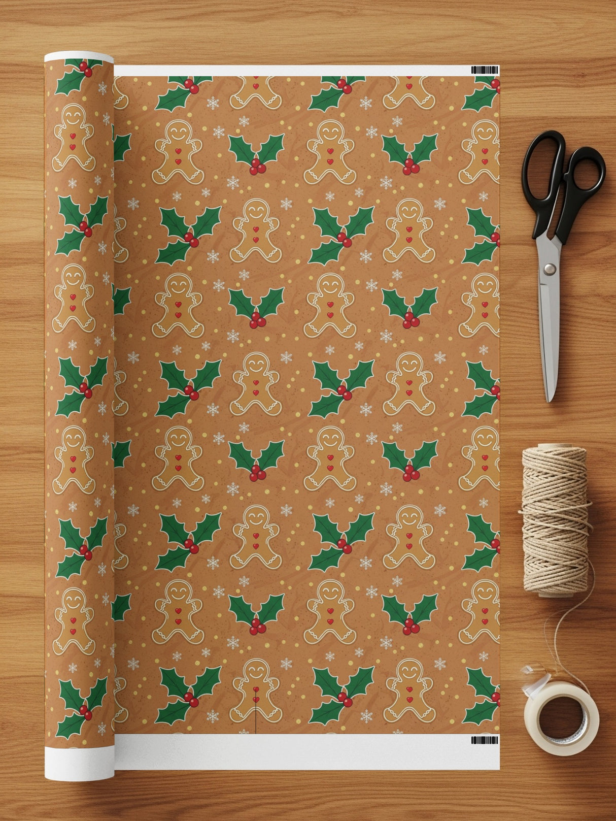 Festive Gingerbread and Holly Christmas Wrapping Paper