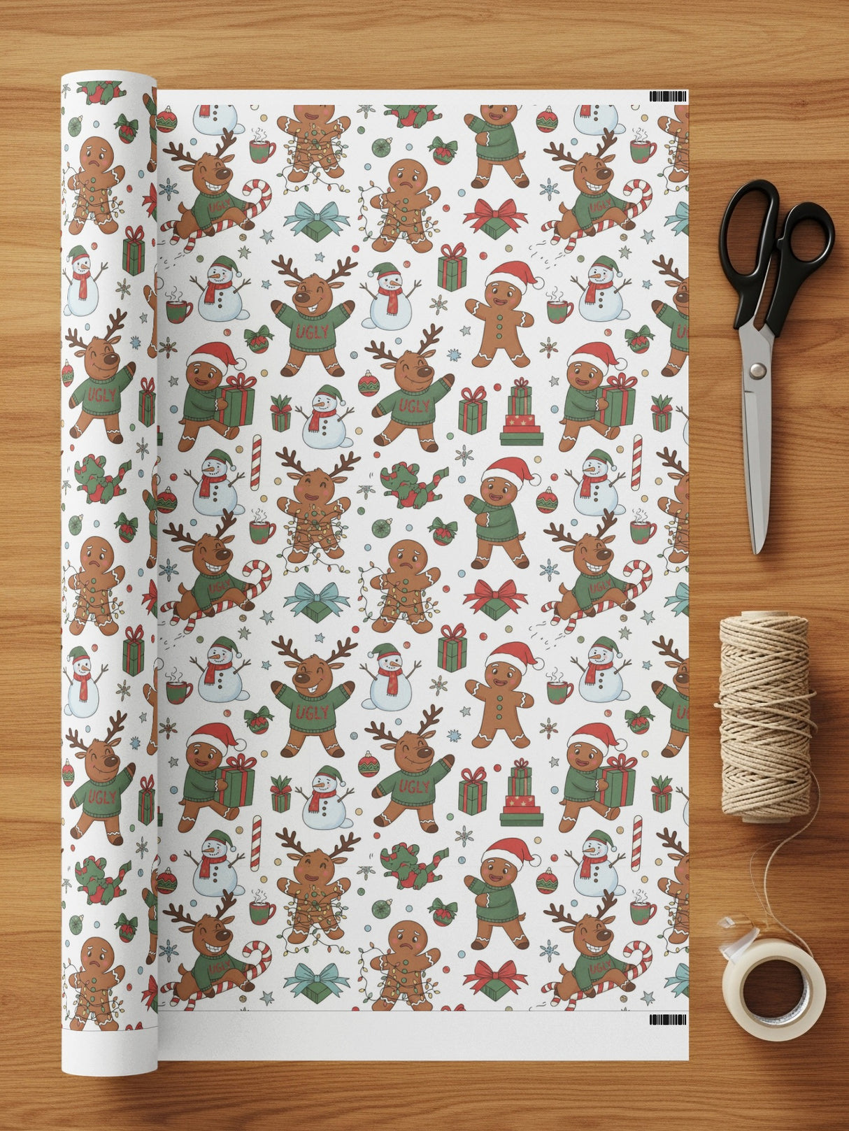Festive Christmas Gingerbread and Snowman Wrapping Paper