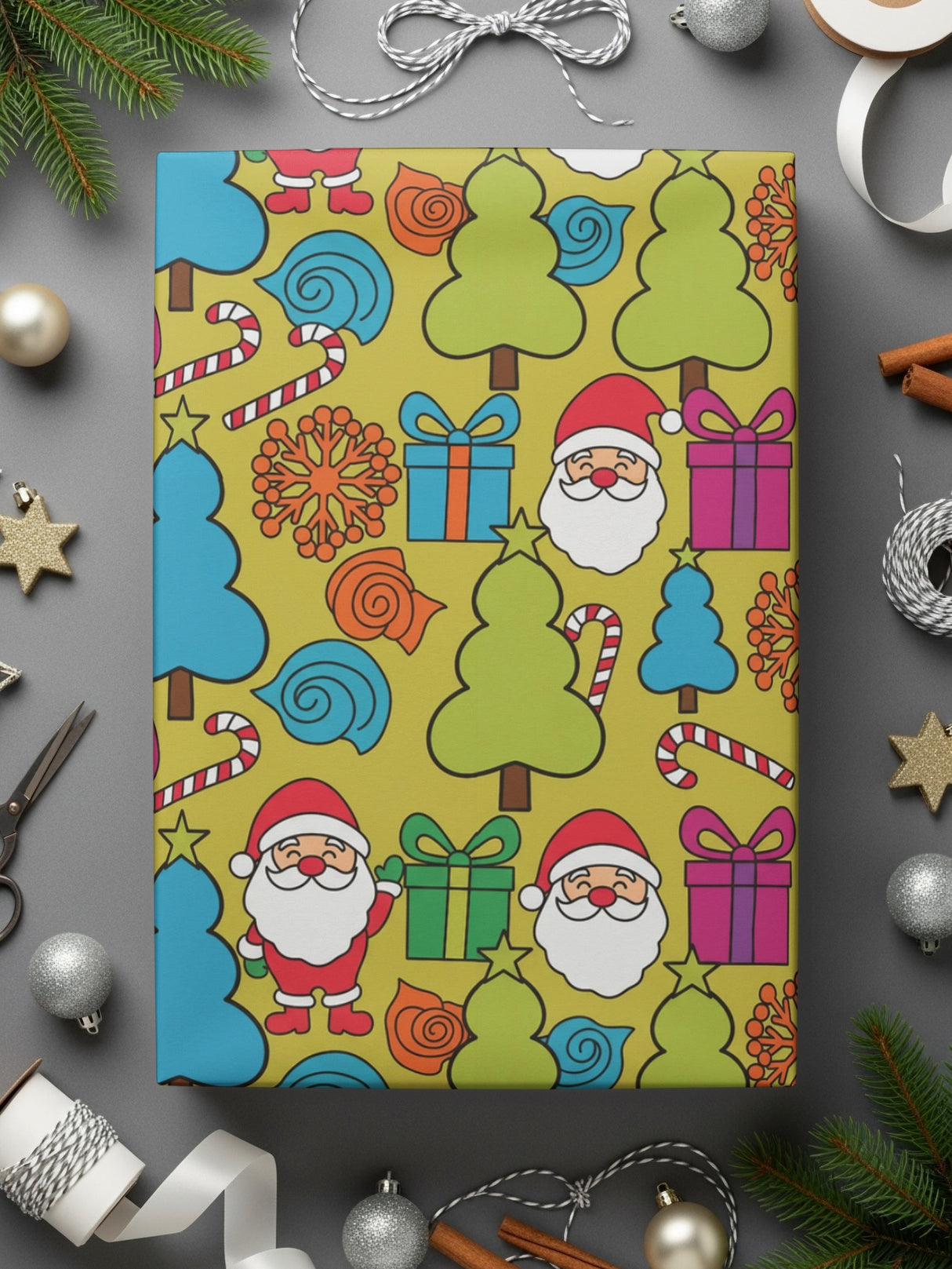 Festive Christmas Wrapping Paper with Santa and Trees