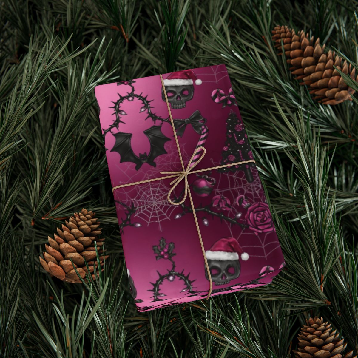 Gothic Holiday Gift Wrap with Skulls and Bats Design