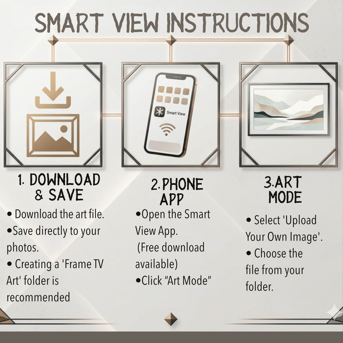 Smart View instructions: download, phone app, and art mode.