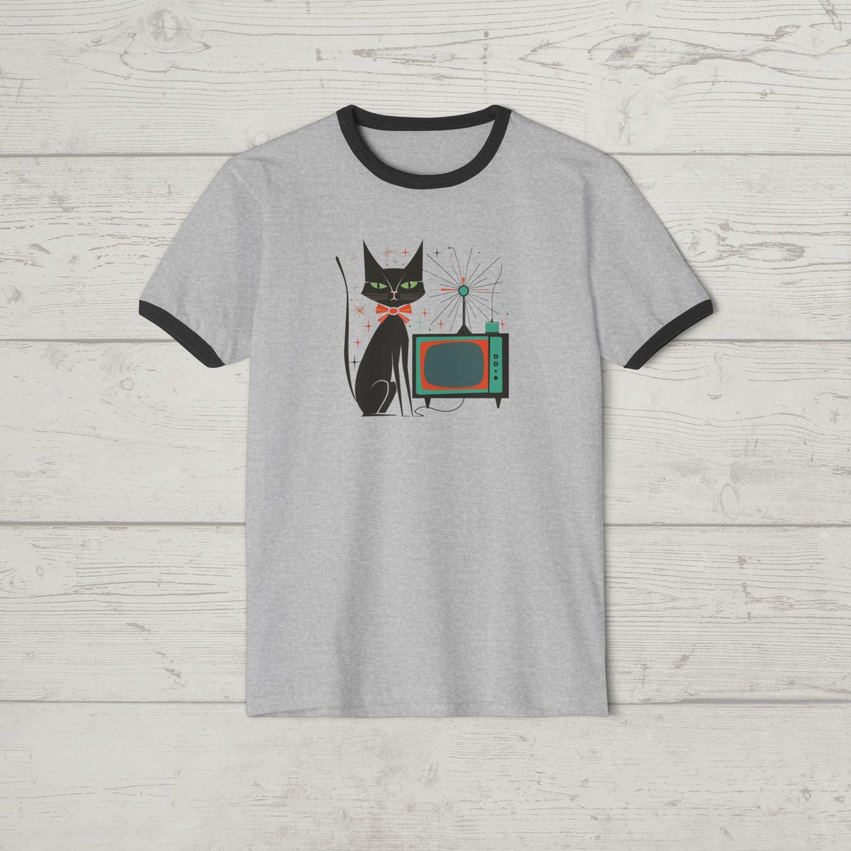 Mid Century Modern Atomic Cat Lovers 1950s TV - Ringer Retro T-Shirt