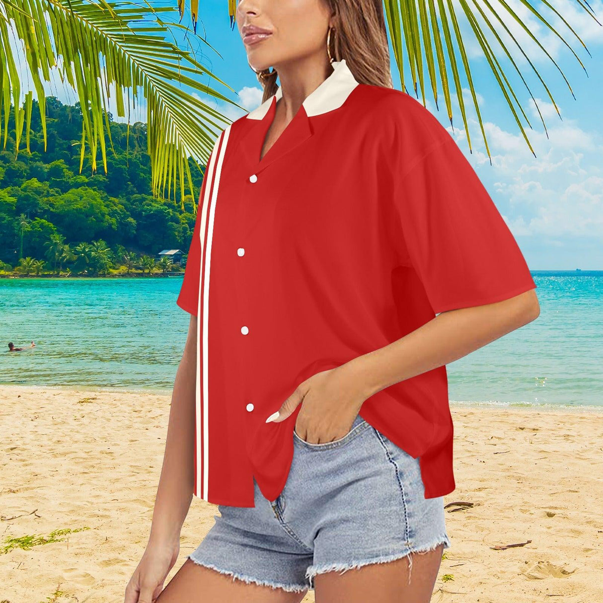 Bright Red Wide White Stripe - Women's Retro Bowling Shirt