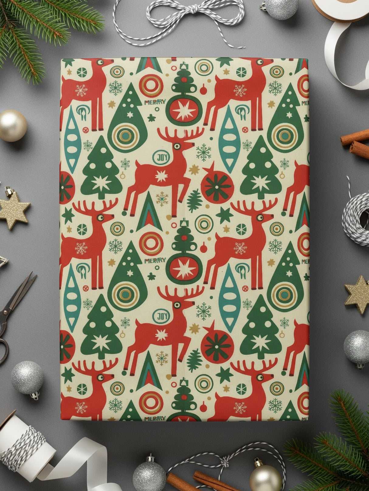Festive Reindeer and Tree Holiday Gift Wrap Product