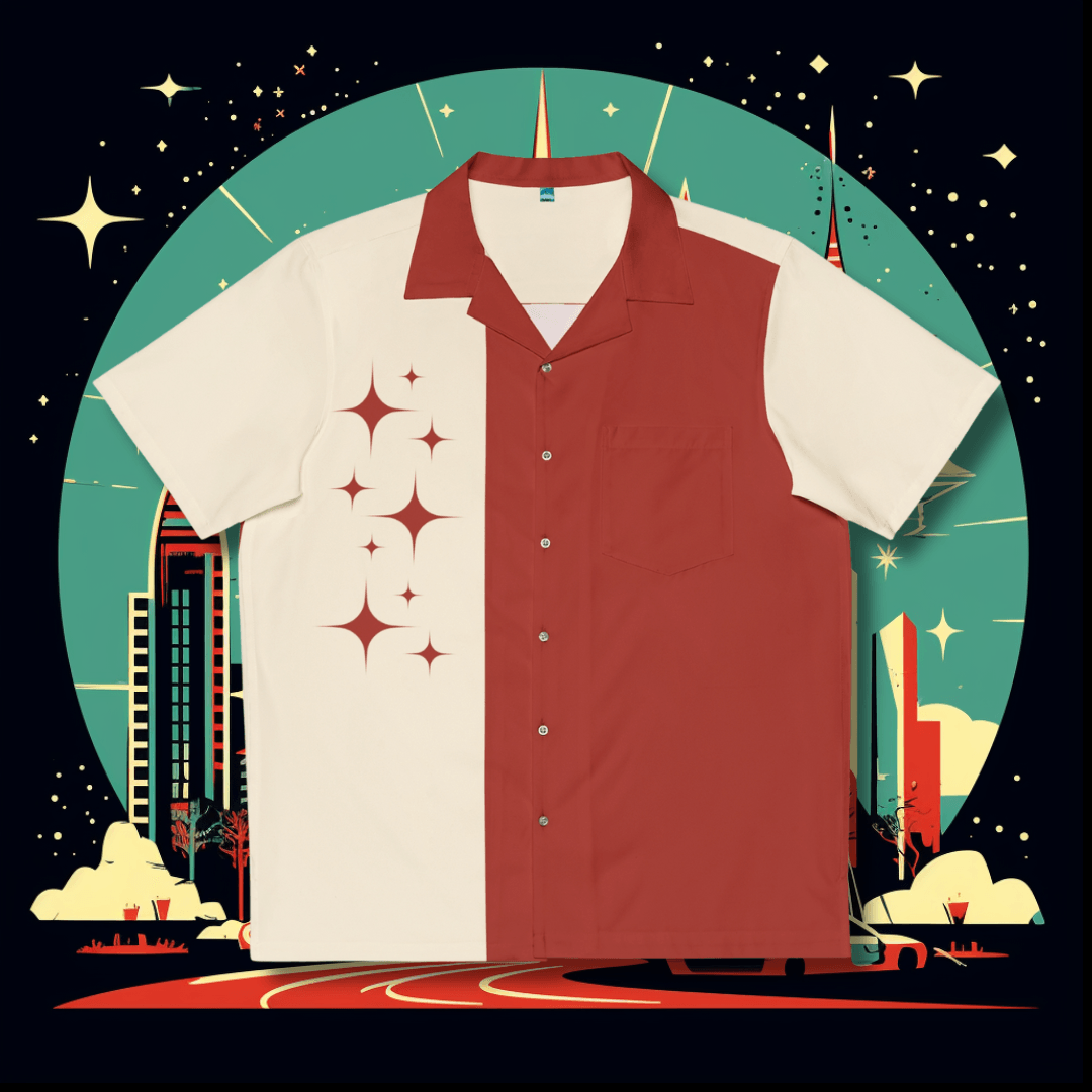 Deep Red and Off-White Atomic Stars Liftoff - Retro Button Up Shirt