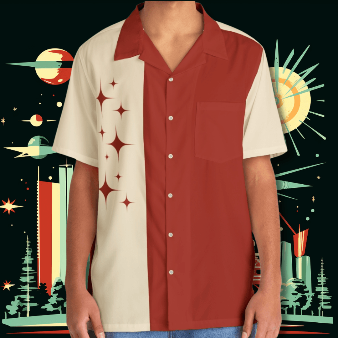 Deep Red and Off-White Atomic Stars Liftoff - Retro Button Up Shirt