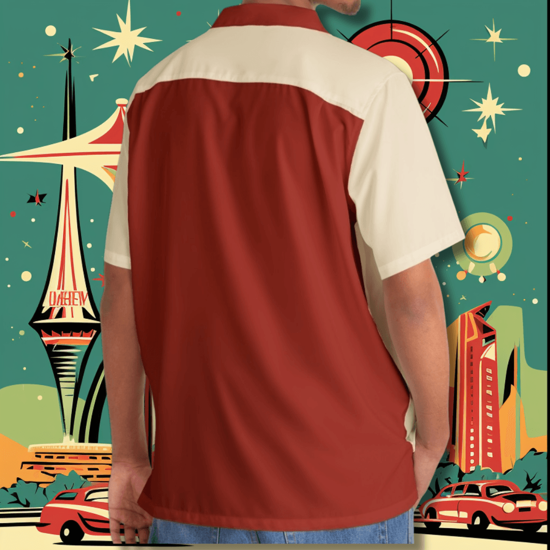 Deep Red and Off-White Atomic Stars Liftoff - Retro Button Up Shirt