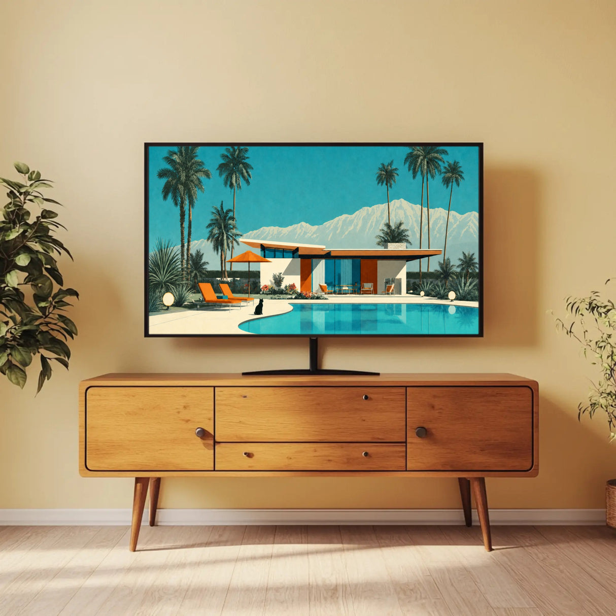 A flat-screen TV mounted on a beige wall above a mid-century modern wooden credenza, displaying a retro-style illustration of a poolside house with palm trees and mountains. The room has light wood floors and potted plants on both sides.
