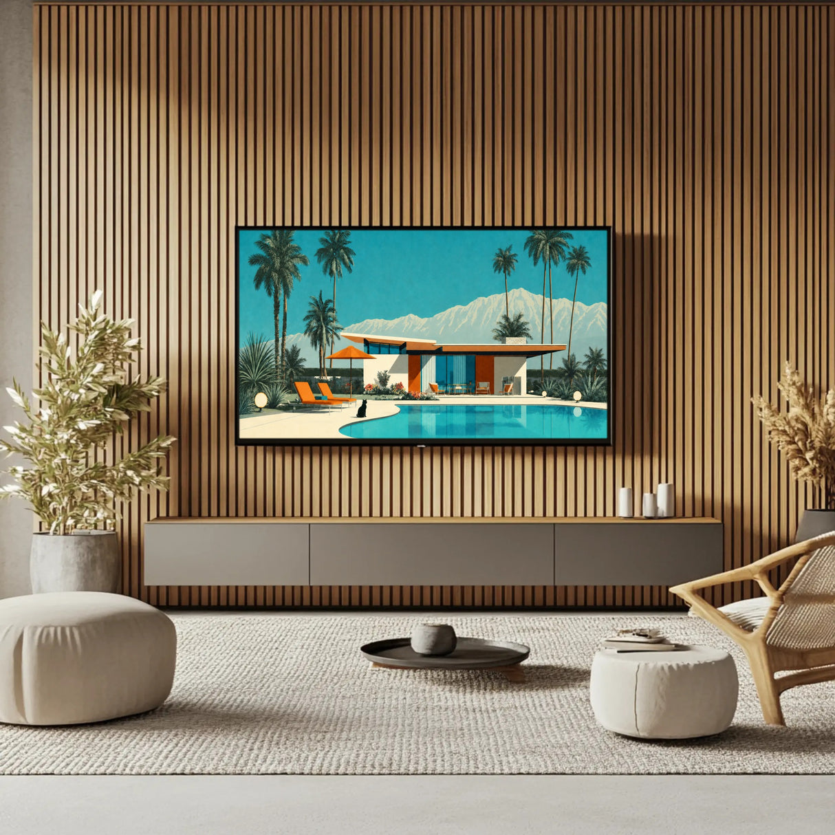 A framed art print depicting a retro mid-century modern poolside house with palm trees and mountains, displayed on a slatted wood wall in a modern living room setting.