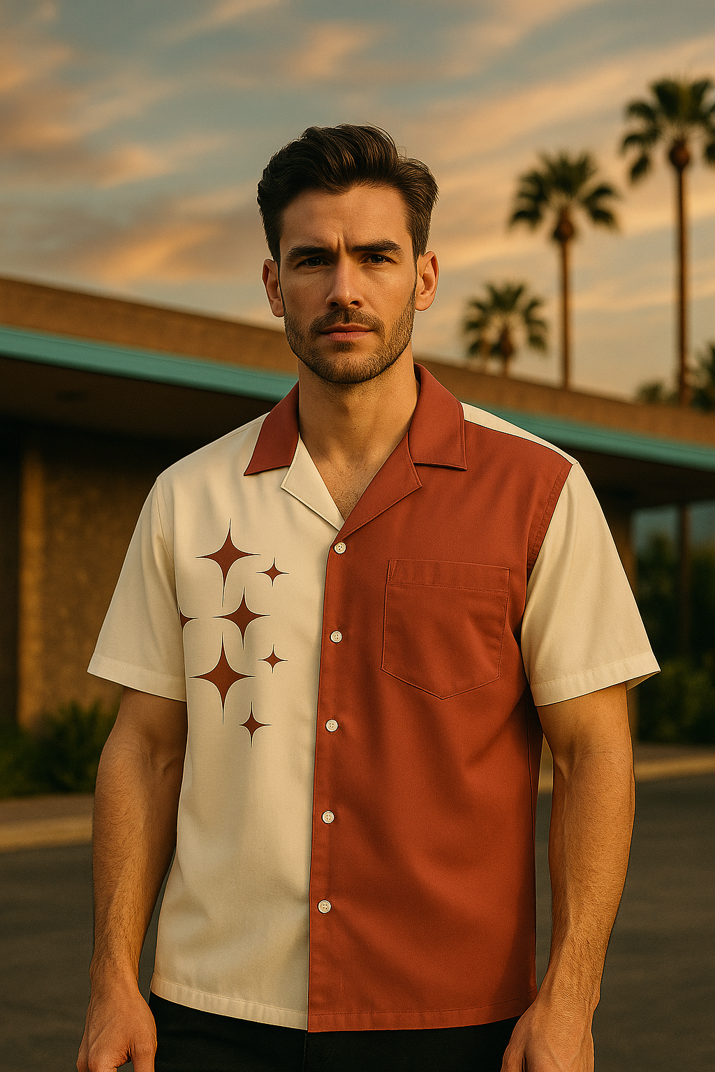 Deep Red and Off-White Atomic Stars Liftoff - Retro Button Up Shirt