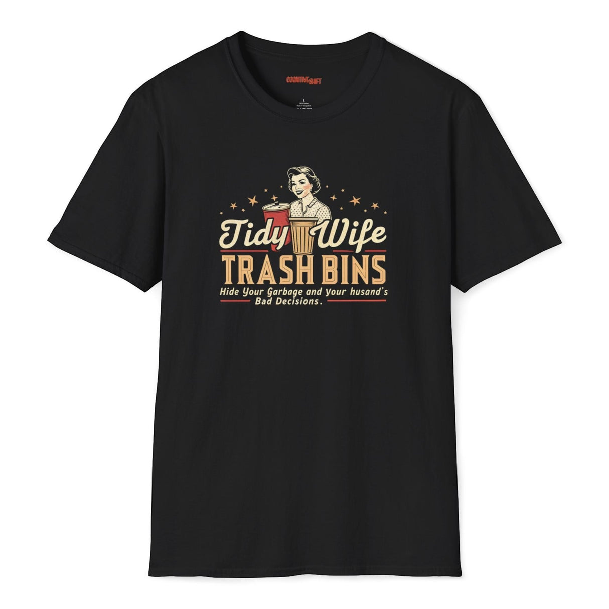 Black t-shirt with graphic design and text on a white background