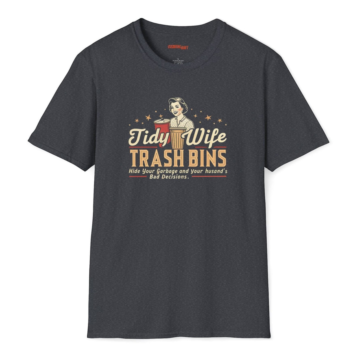 Dark gray t-shirt with graphic design and text on a white background