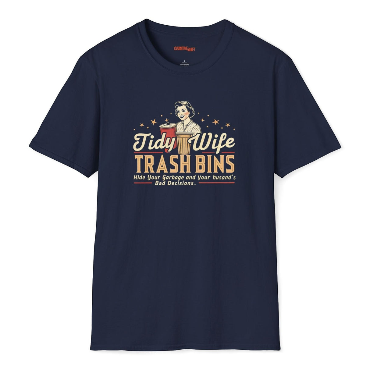 Navy blue t-shirt with graphic design and text on a white background