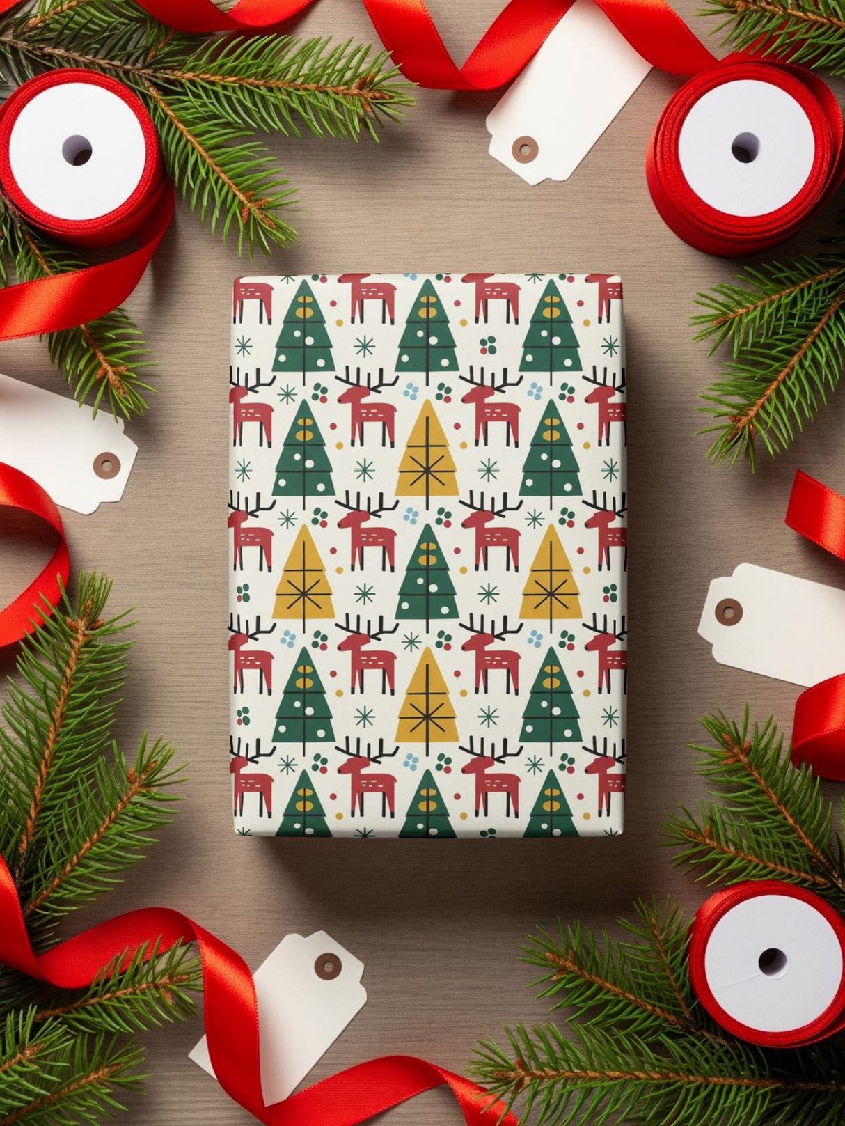 Festive Christmas Trees and Reindeer Wrapping Paper