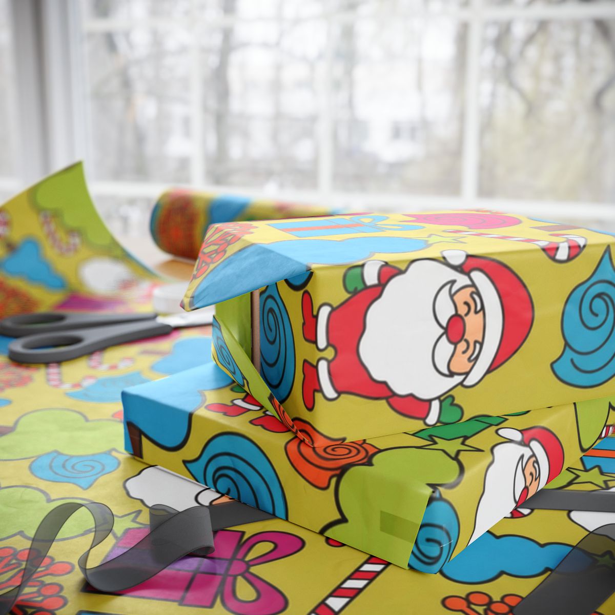 Colorful Santa Claus and Swirls Wrapping Paper