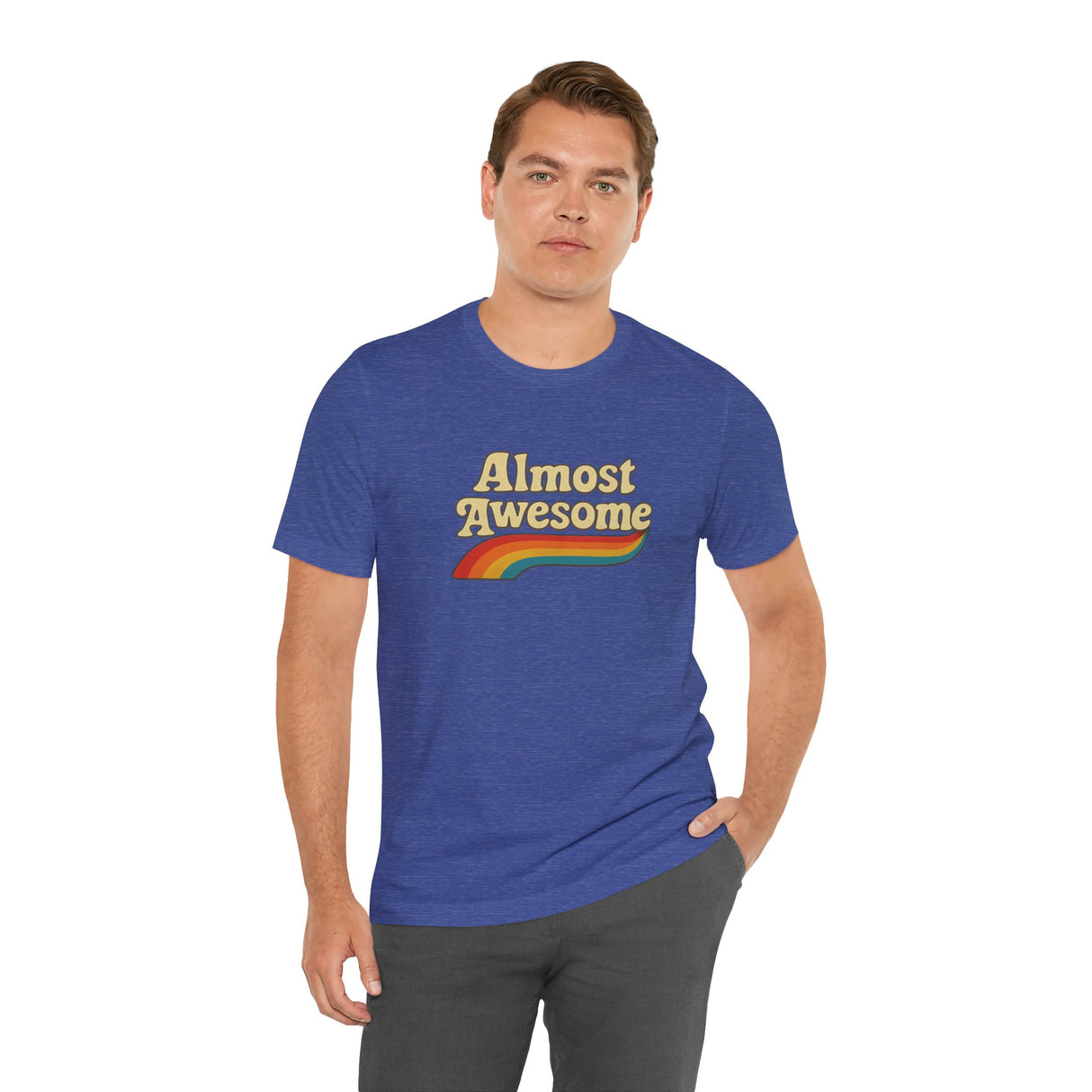 almost_awesome_design_on_man in heather blue shirt