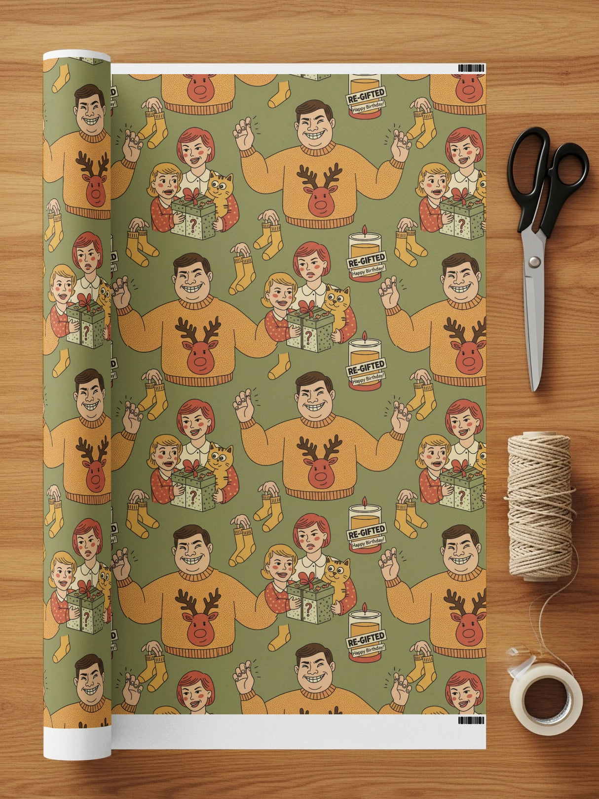 Festive holiday wrapping paper with quirky characters