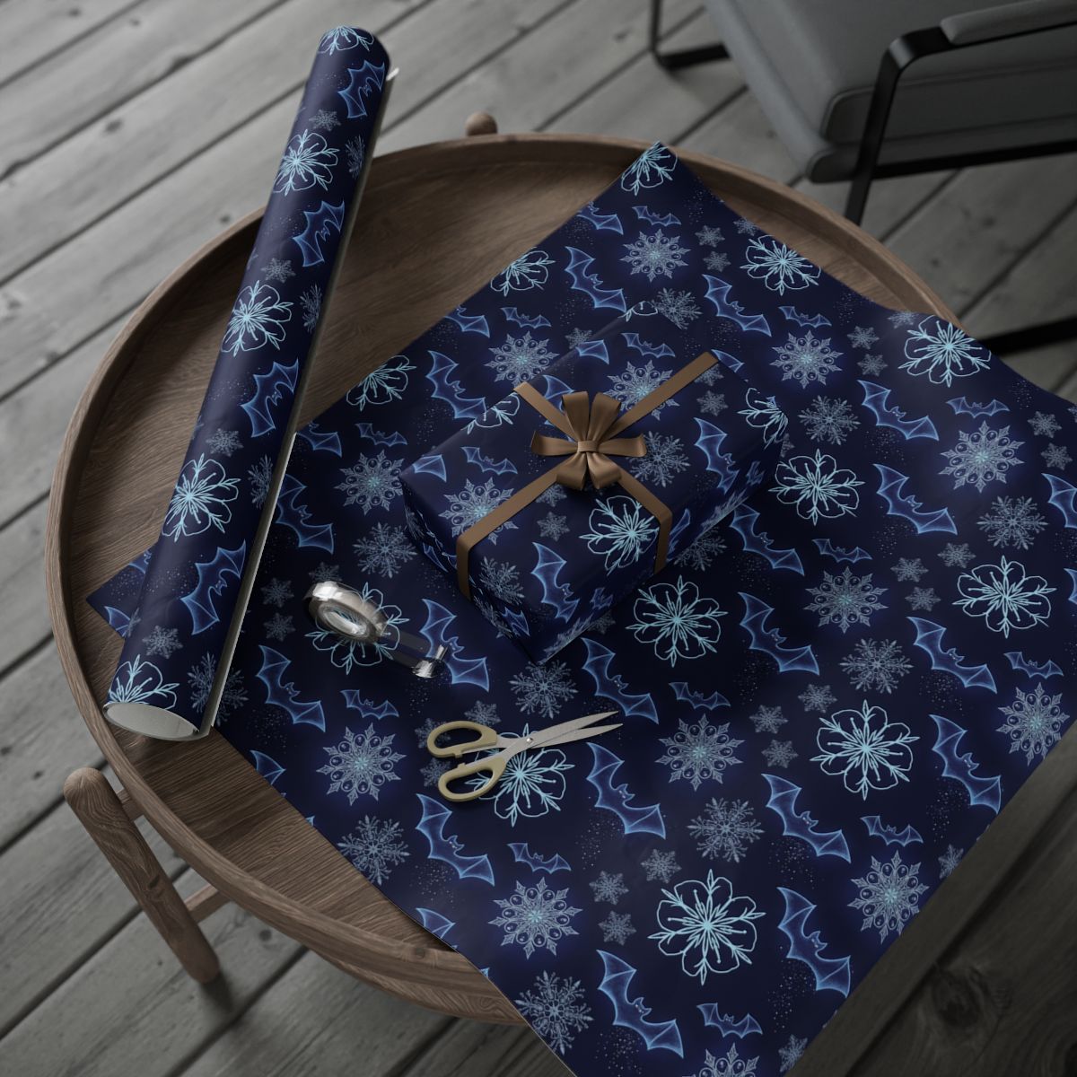 Elegant Festive Snowflakes and Bats Wrapping Paper