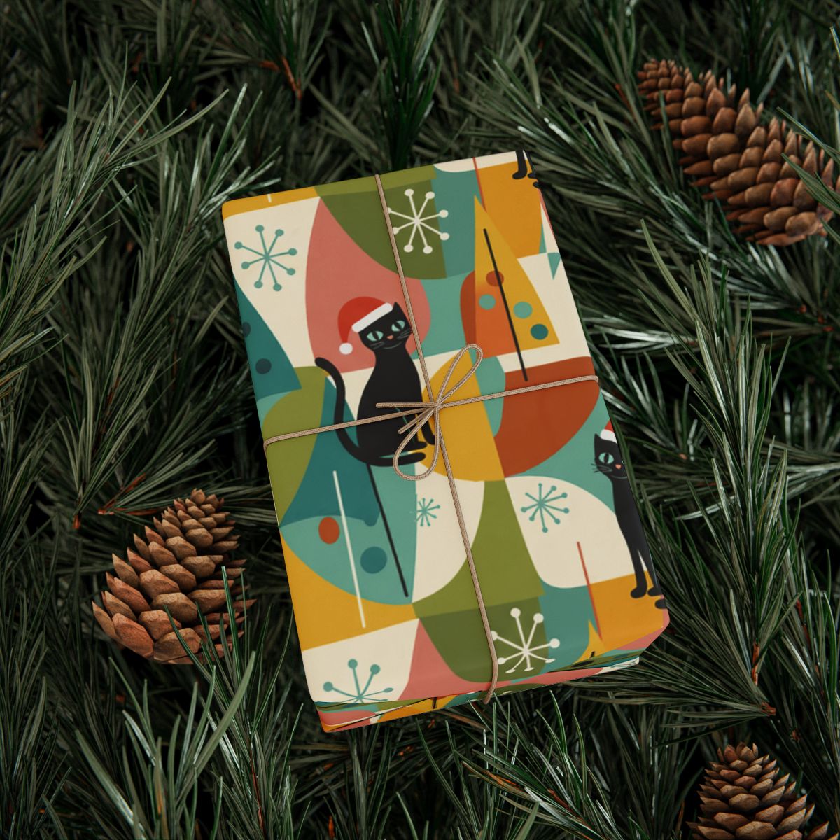 Colorful Christmas Wrapping Paper with Festive Black Cats
