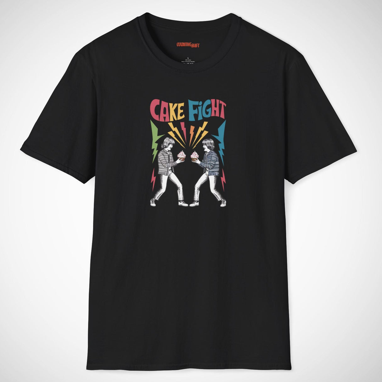 Black t-shirt with 'Cake Fight' graphic design on a white background
