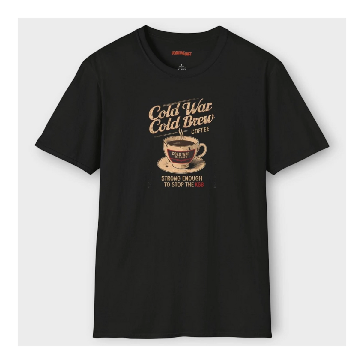 Black t-shirt with 'Cold War Cold Brew Coffee' graphic on a white background