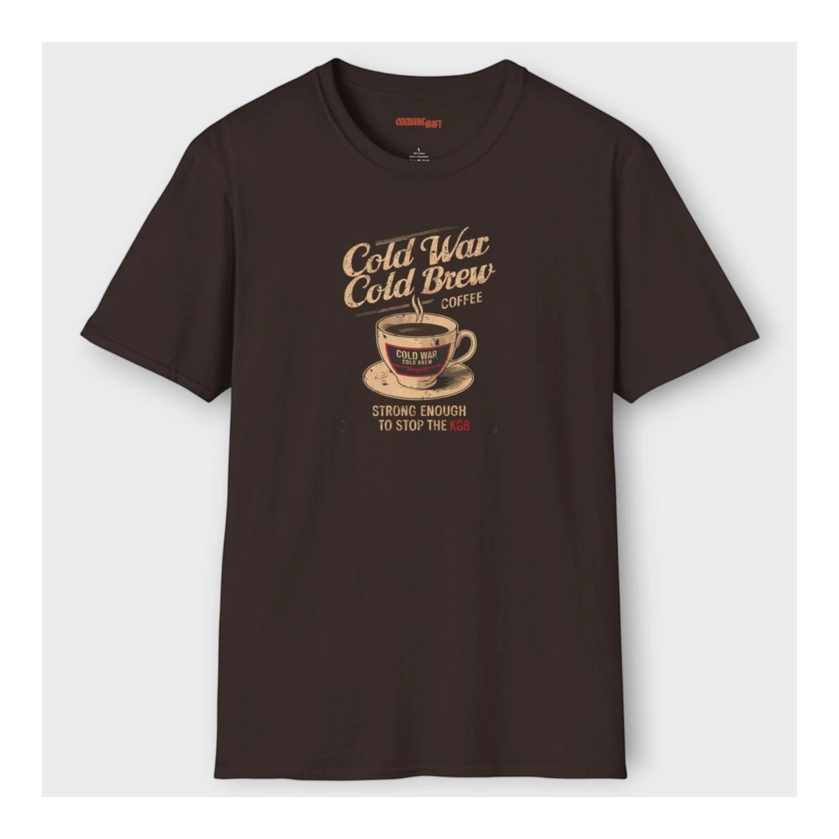 Brown t-shirt with 'Cold War Cold Brew Coffee' graphic on a white background