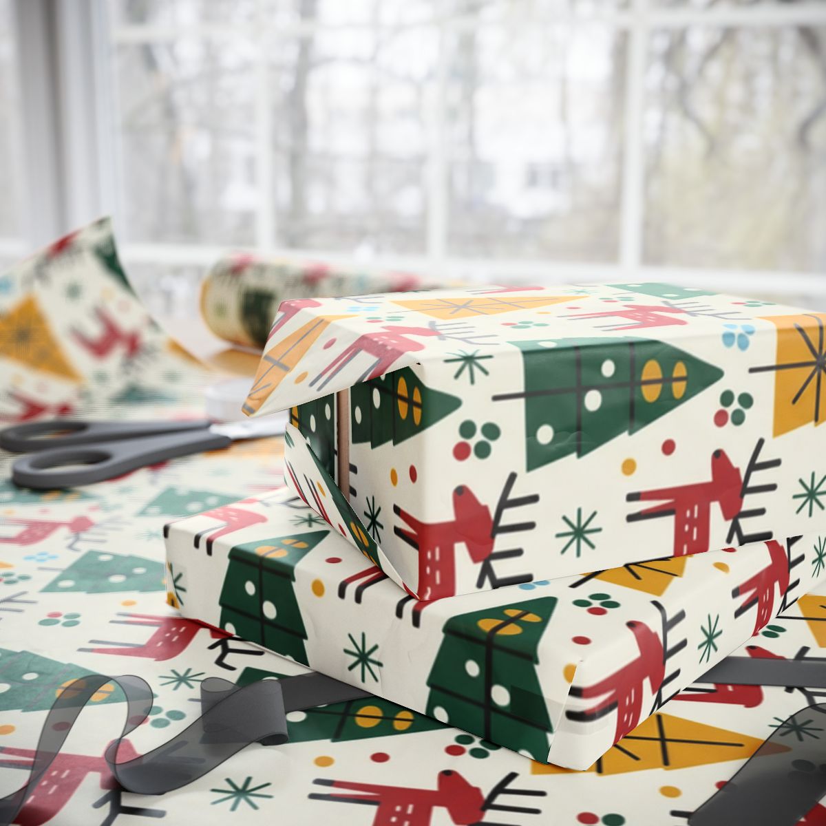 Reindeer Christmas Tree Wrapping Paper for Gift Wrapping
