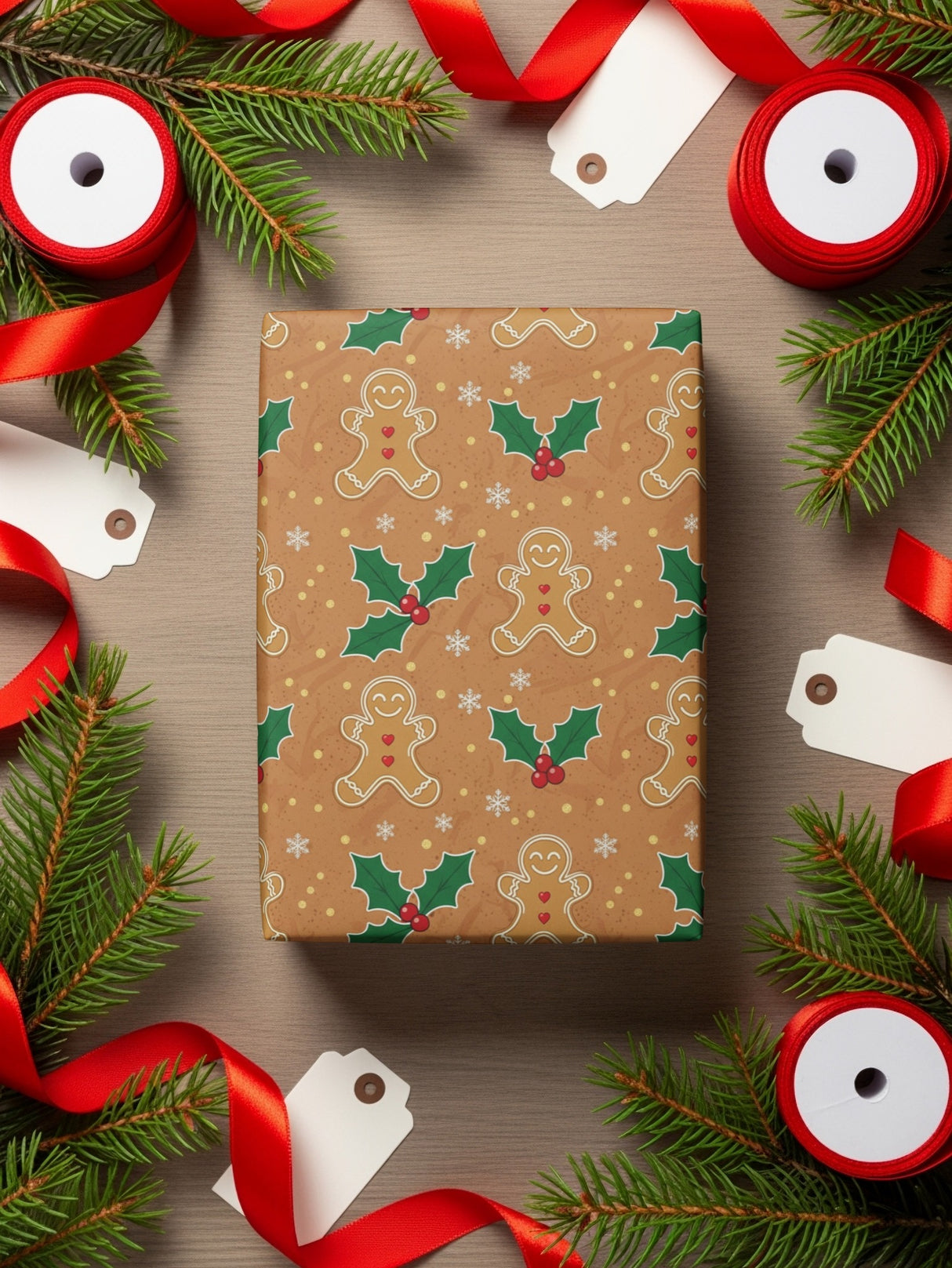 Festive Gingerbread and Holly Christmas Wrapping Paper