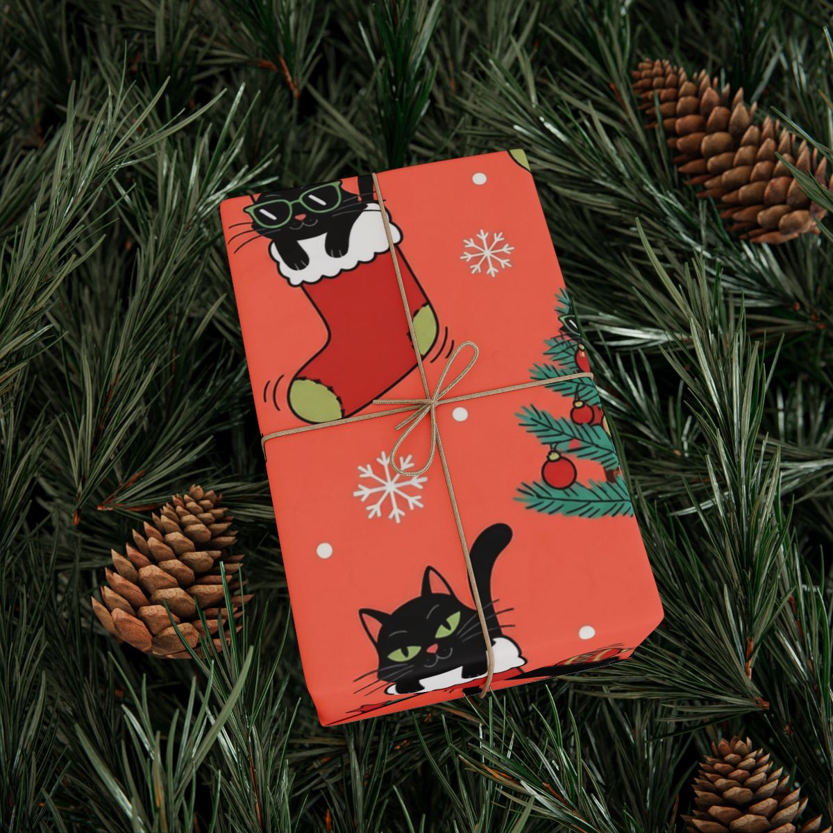 Christmas Cat and Snowflakes Holiday Gift Wrap