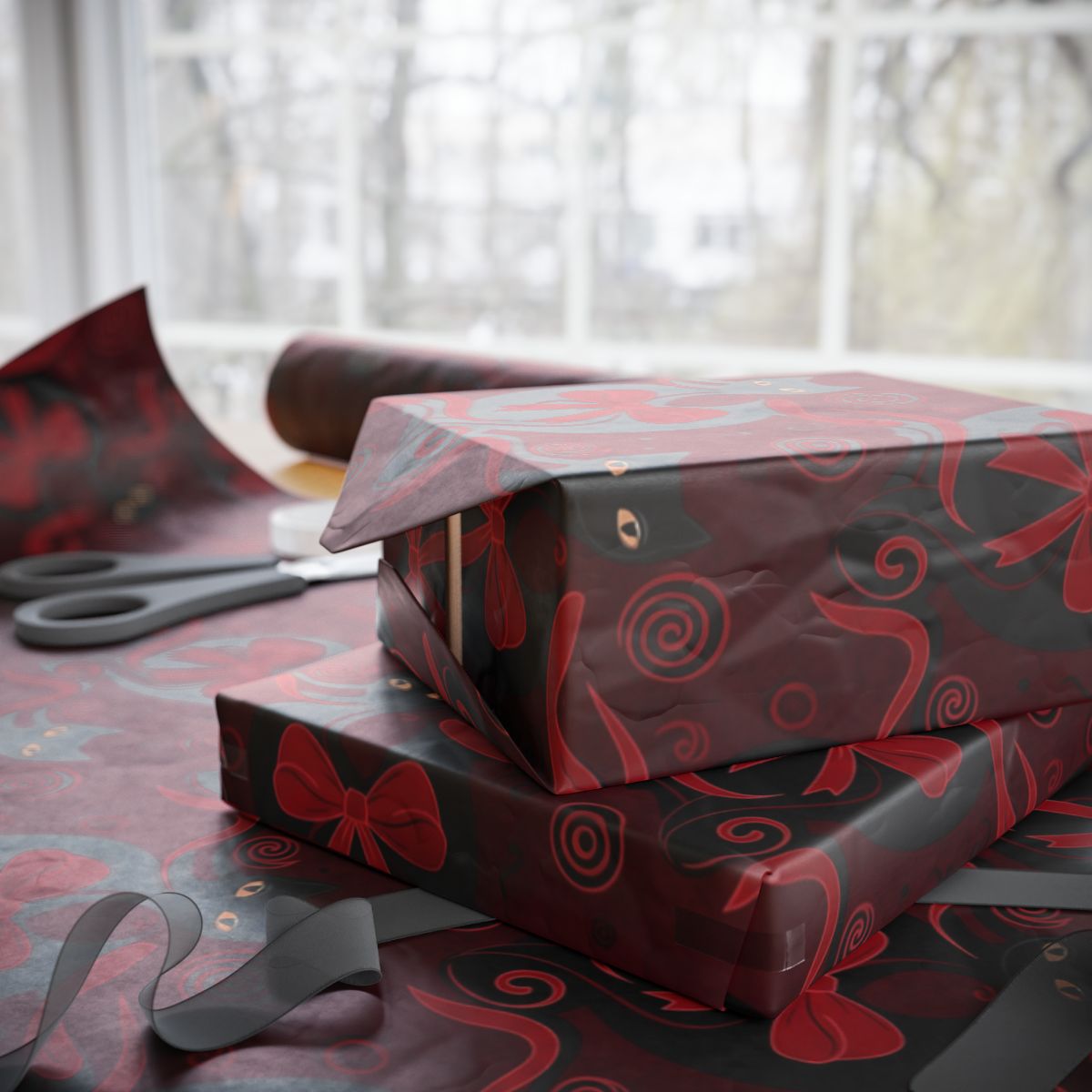 Decorative Wrapping Paper with Red Swirls and Bows