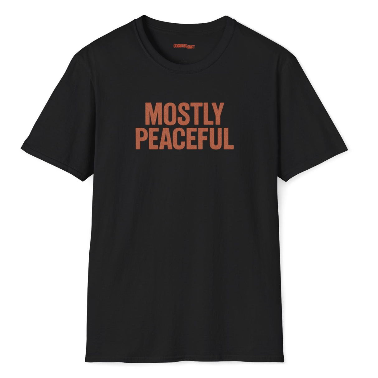 mostly peaceful rust design on black shirt white background