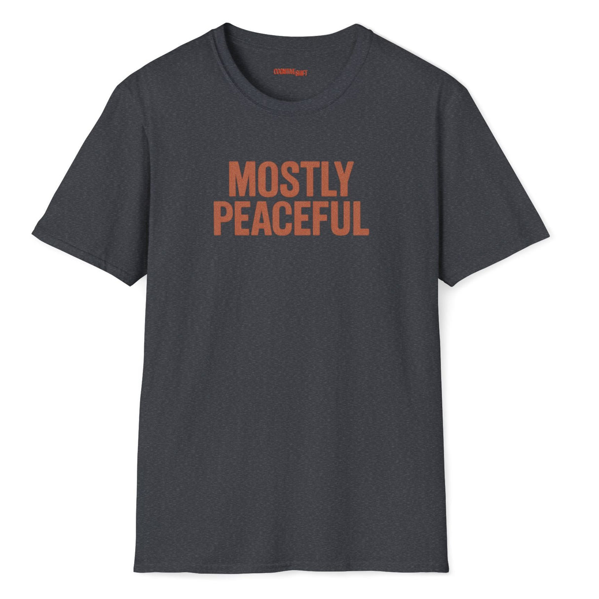 mostly peaceful rust design on grey shirt white background