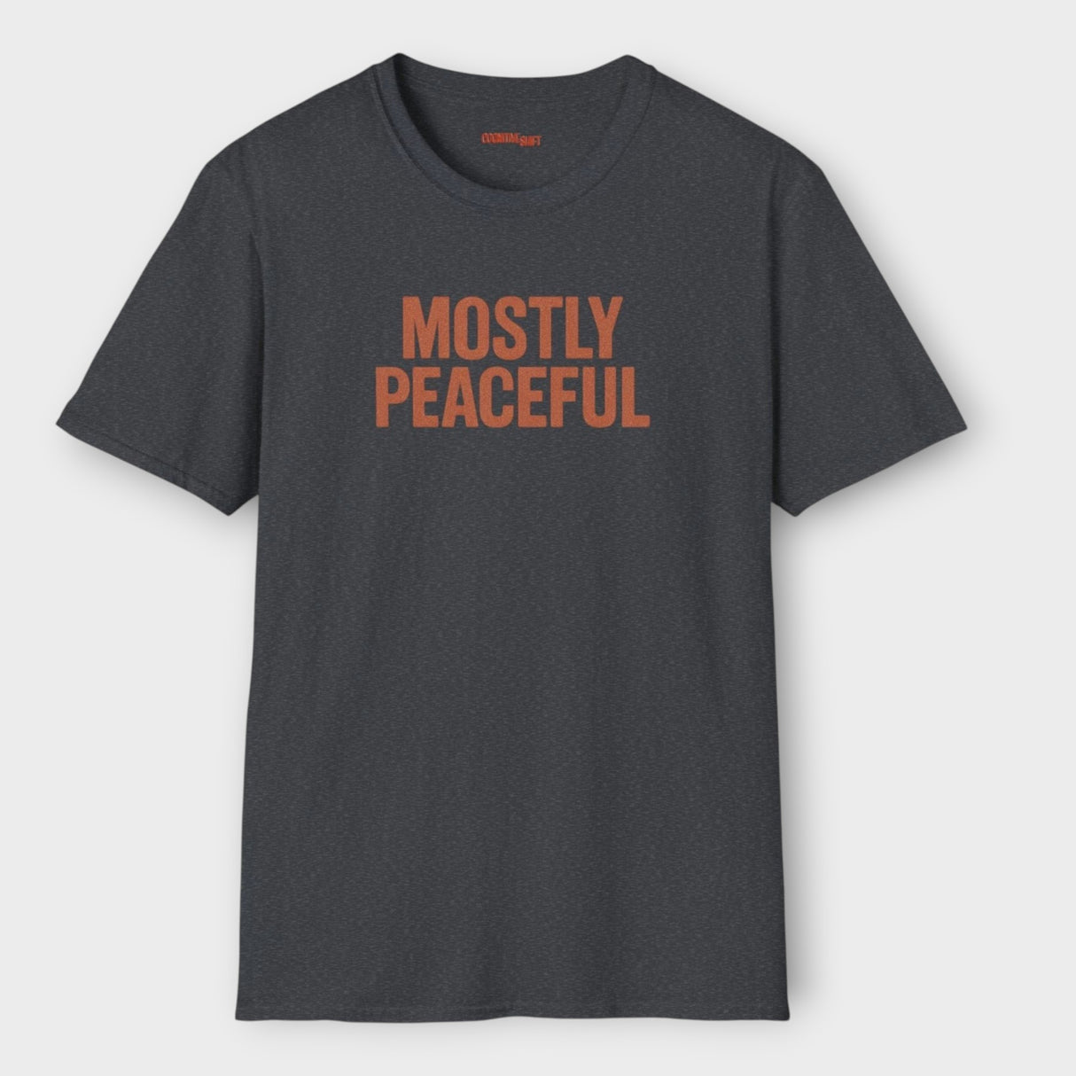 mostly peaceful rust design on grey shirt white background