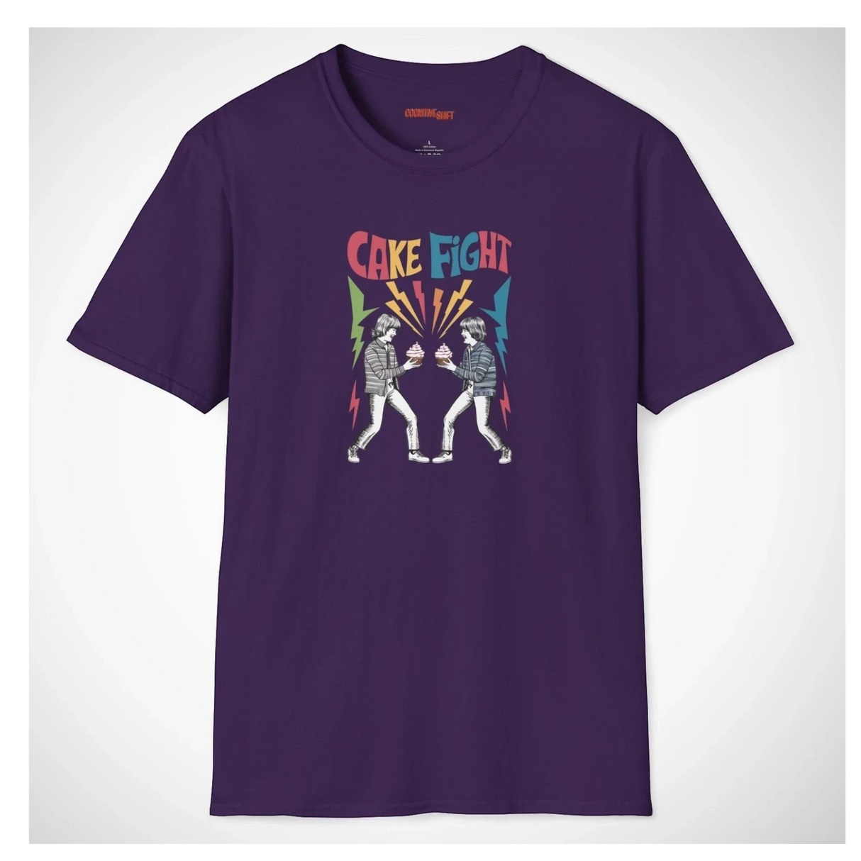 Purple t-shirt with 'Cake Fight' graphic design on a white background