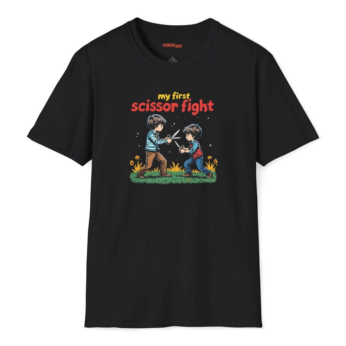 Black t-shirt with a graphic of two children playing and text 'my first scissor fight' on a white background.