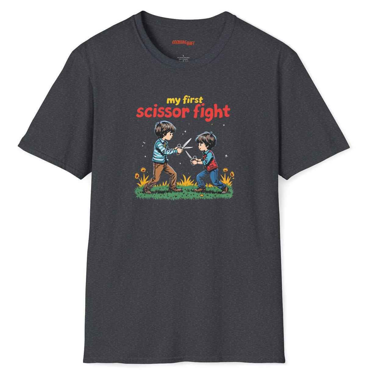 Gray t-shirt with a graphic design and text 'my first scissor fight' on a white background