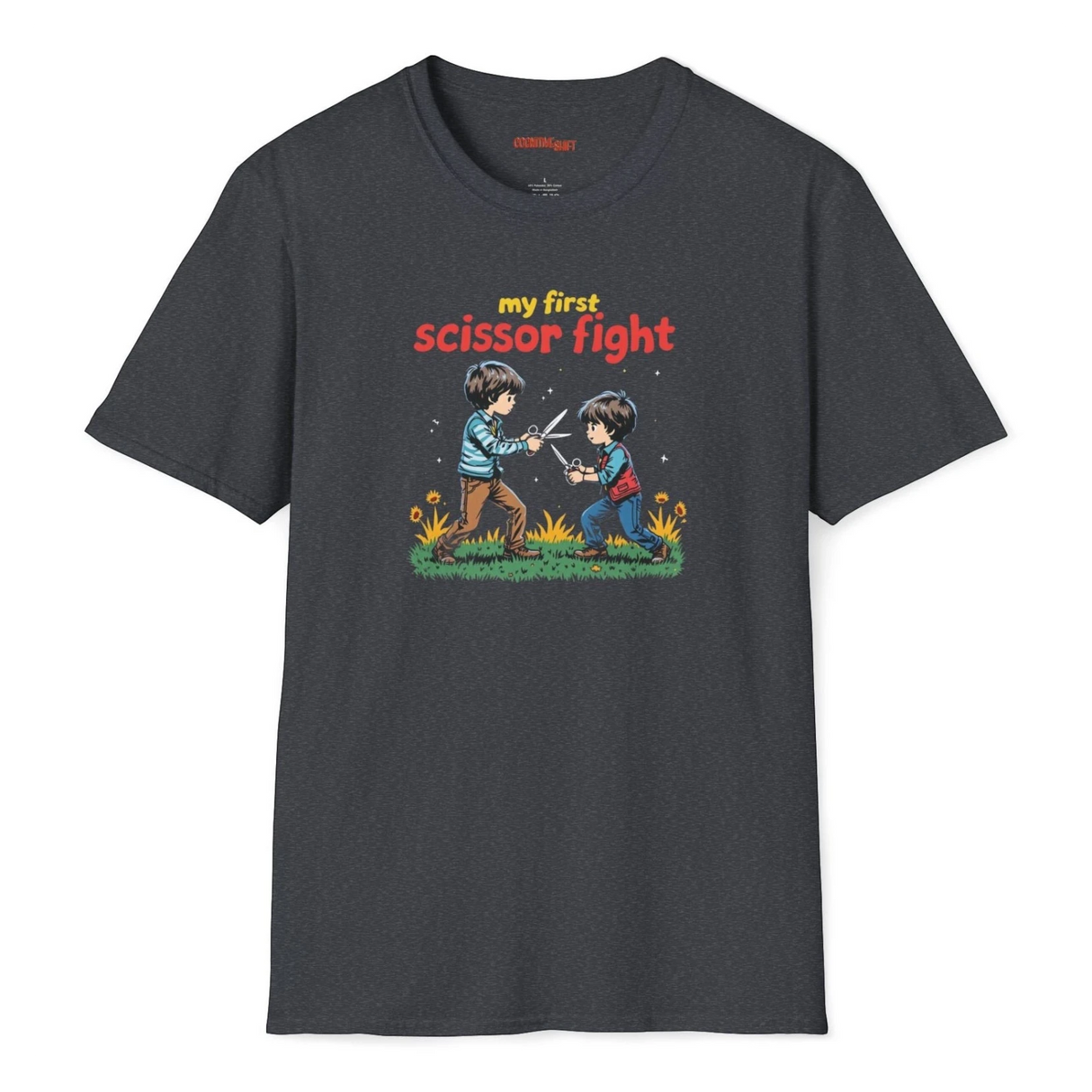 Gray t-shirt with a graphic design and text 'my first scissor fight' on a white background