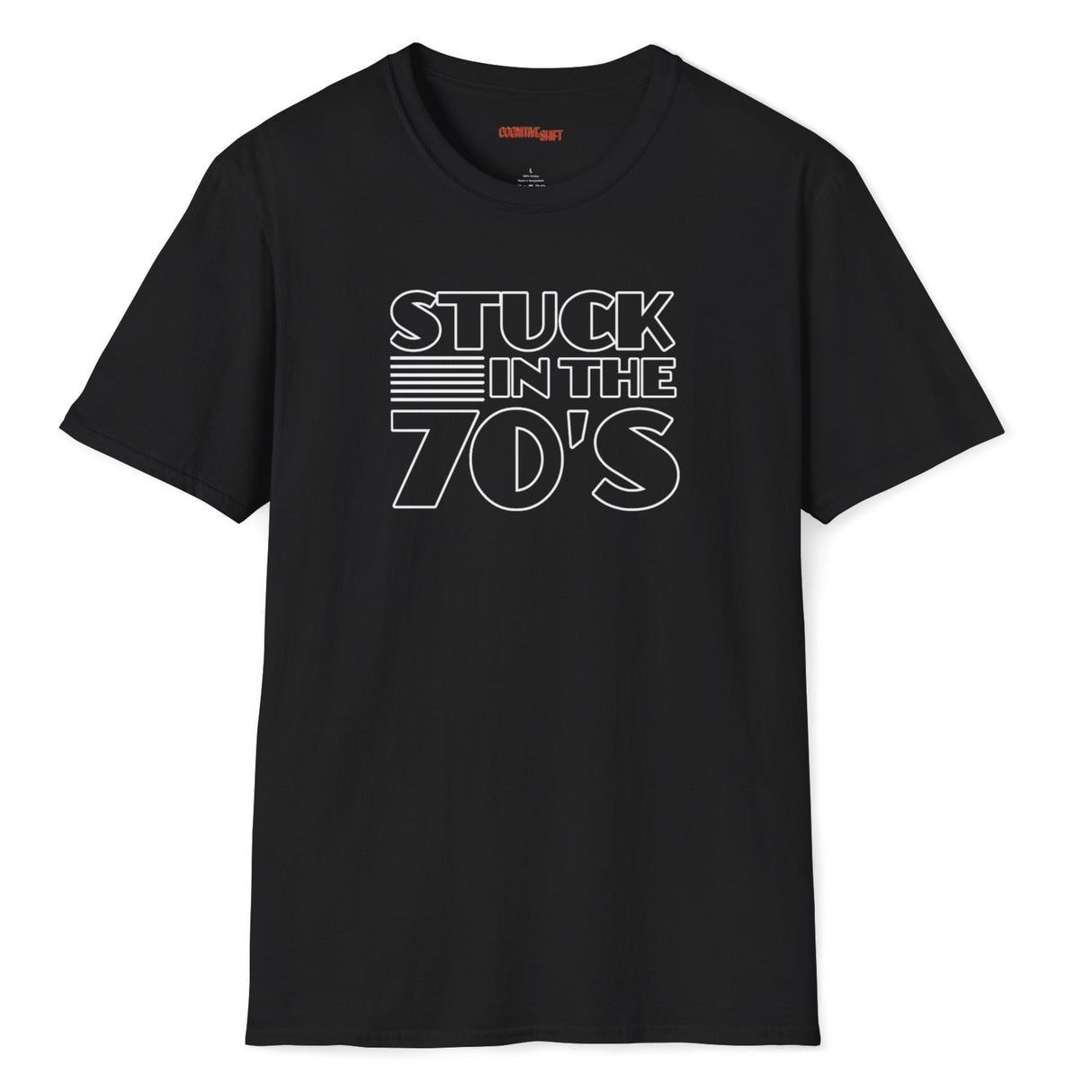 stuck in the 70s black shirt on white background