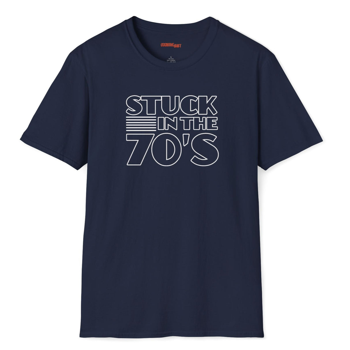 stuck in the 70s blue shirt on white background