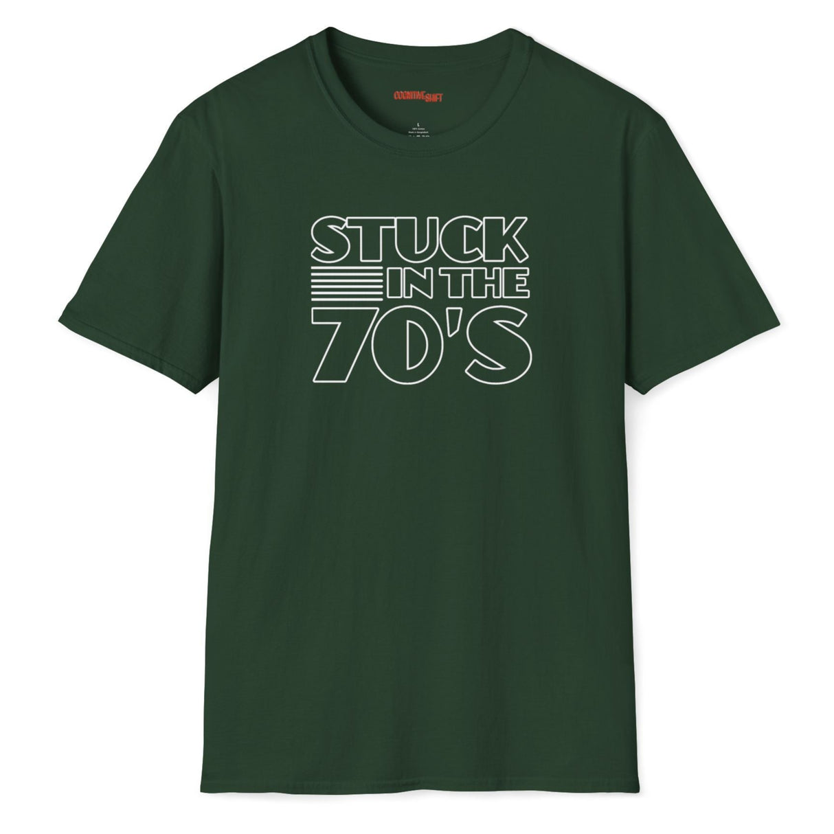 stuck in the 70s green shirt on white background