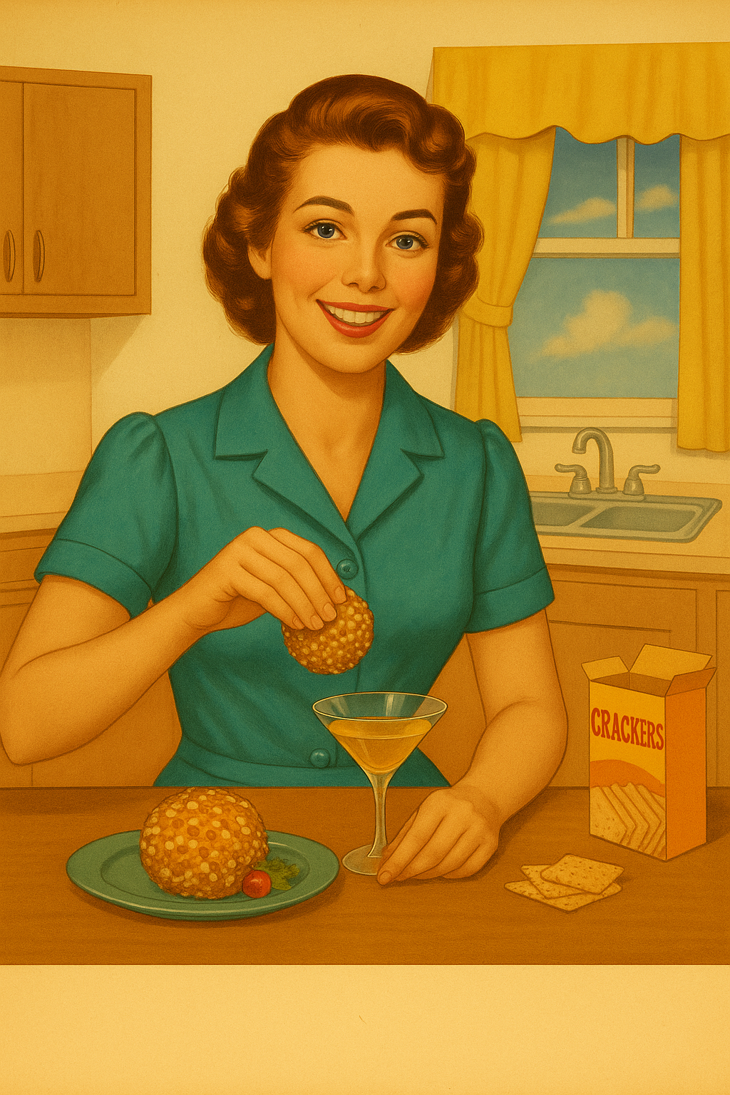 A retro 1950s-style illustration of a smiling woman in a teal dress holding a plate with a cheese ball, garnished with crackers.