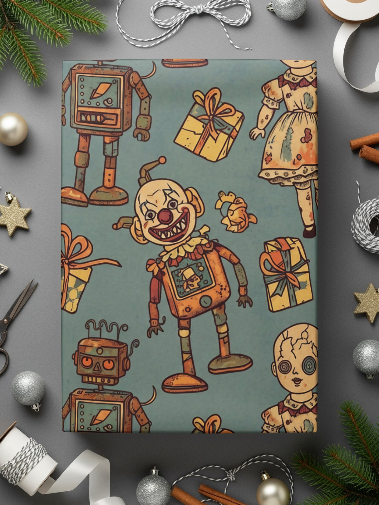 Vintage Holiday Robot and Doll Themed Wrapping Paper