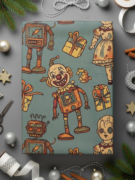 Vintage Holiday Robot and Doll Themed Wrapping Paper