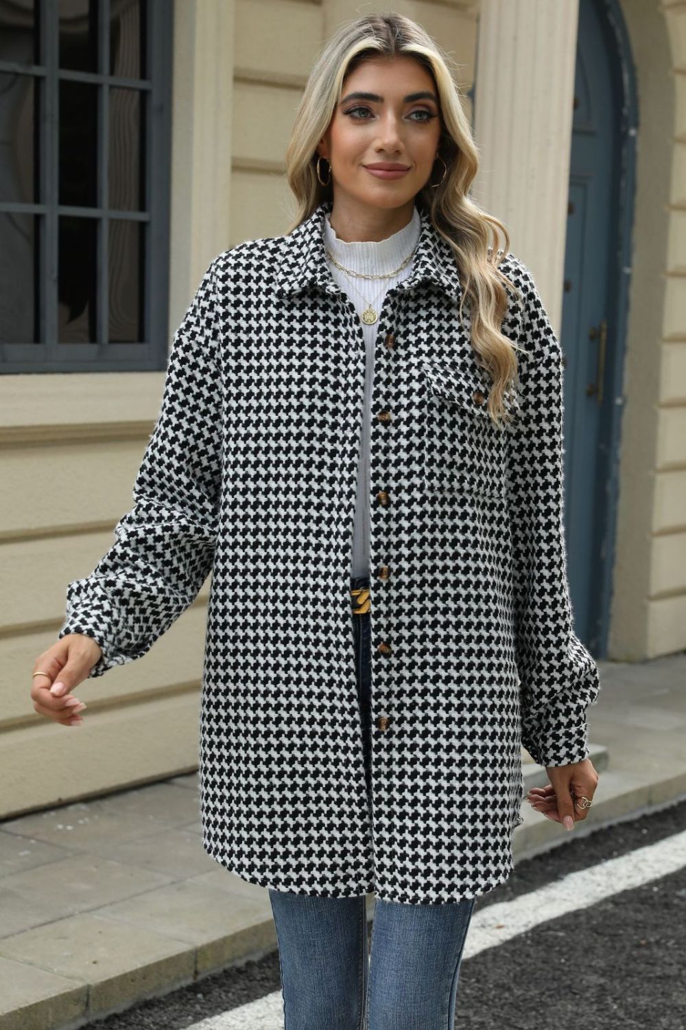 60s Mod Houndstooth Button Up Dropped Shoulder Coat