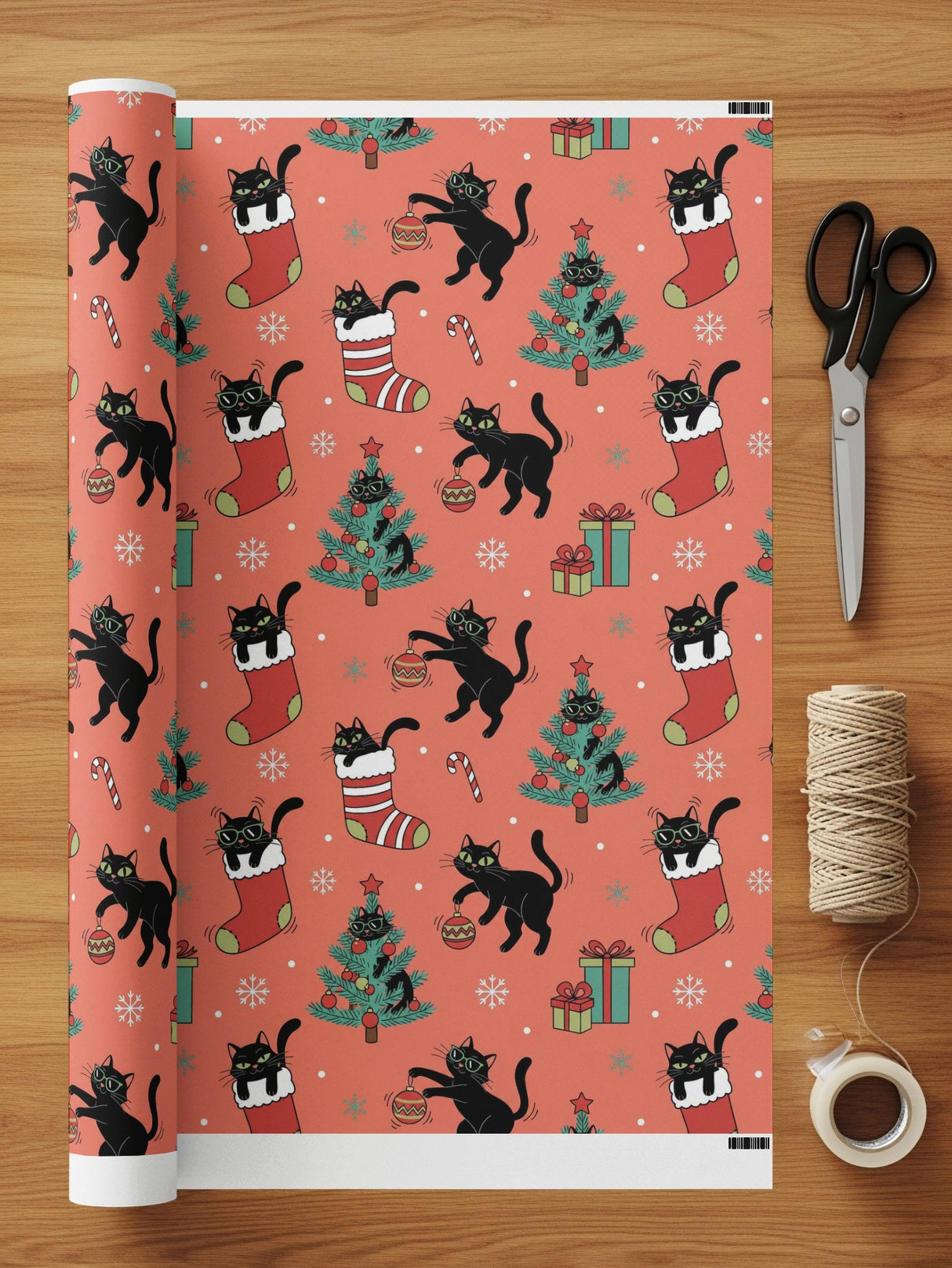 Playful Black Cats with Christmas Trees Wrapping Paper