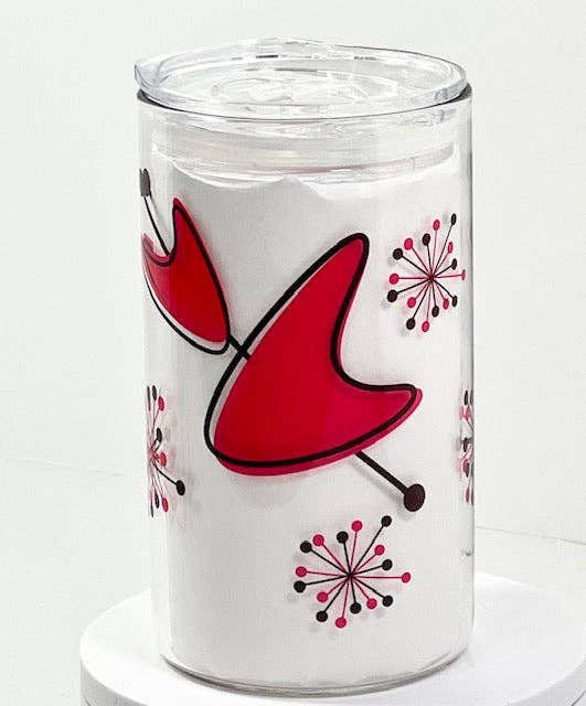 MCM Red Sputnik Boomerang 16 oz Glass with Drinking Lid and Straw