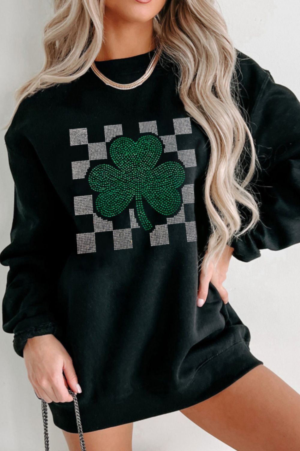 Rhinestone Checkered Lucky Clover Women's Sweatshirt