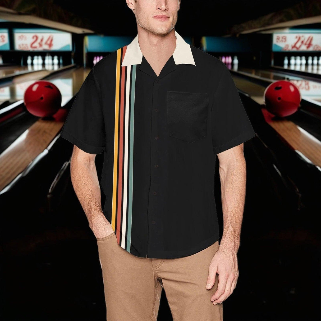 Johnny Black and Off-White with Retro Stripes Bowling Style - Retro Button Up Shirt