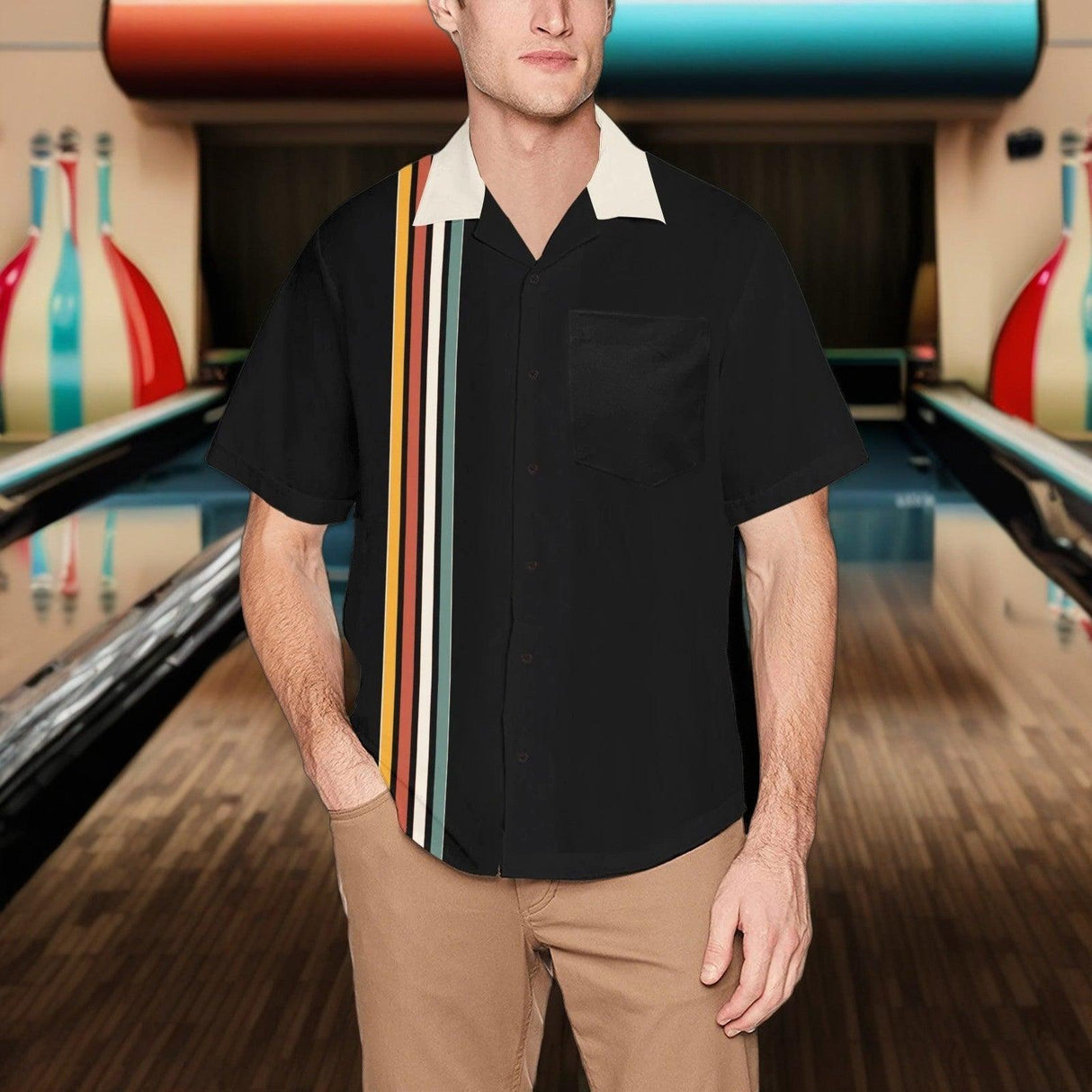 Johnny Black and Off-White with Retro Stripes Bowling Style - Retro Button Up Shirt