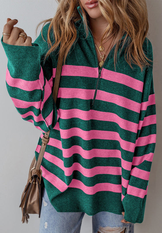 Y2K Contrast Striped Quarter Zip Long Sleeve Sweater